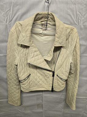 Haute Hippie Quilted Cream Leather Moto Jacket with Asymmetrical Zip XS